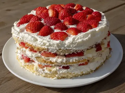 Enkel tårta med lager av sockerkaka, vispad grädde och färska jordgubbar. En somrig klassiker som passar alla tillfällen.