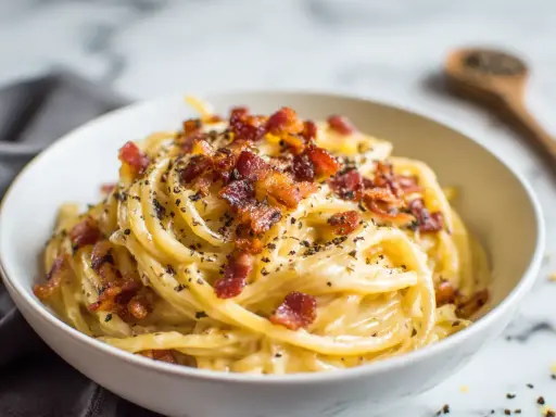 En skål med krämig, klassisk carbonara med knaprigt bacon och nymalen svartpeppar.