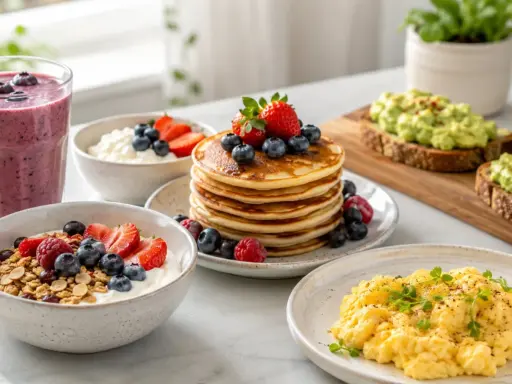 En härlig frukostbuffé med pannkakor, yoghurt med bär, smoothie och äggröra. Perfekt för ett proteinrikt frukost recept!
