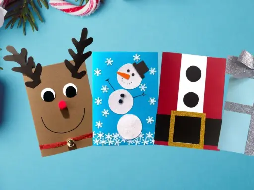 Fina tips på julpyssel: en ren, en snögubbe, tomten och en present. Perfekt för julkort!
