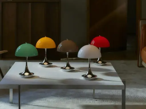 Fem färgglada lampor i Verner Panton-stil står på ett vitt bord framför en lädersoffa.