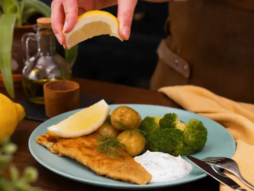En hand pressar citron över en tallrik med panerad torsk, potatis, broccoli och en klick sås.