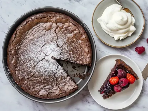 En saftig kladdkaka med pudersocker, serverad med vispad grädde och färska bär. Ett perfekt kladdkaka recept för alla chokladälskare.