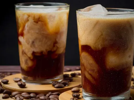 Två glas med krämigt iskaffe, perfekt för ett somrigt iskaffe recept. Kaffebönor sprider sig runt glasen.