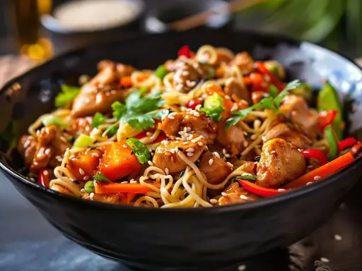 En närbild av en läcker kycklingwok med nudlar, toppad med sesamfrön och färsk koriander. En perfekt måltid!