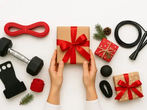 Här är julklappar till julklappsspelet: en hantel, hopprep, träningsband och andra träningsredskap.
