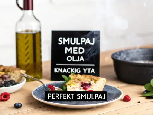 En bit smulpaj med bär och en flaska olivolja. Perfekt smulpaj recept för en knaprig yta.