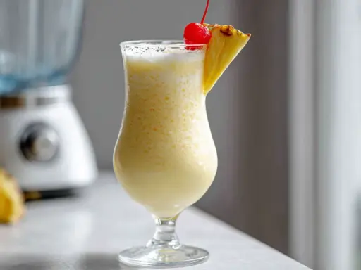 En krämig pina colada med ananasskiva och körsbär, redo att avnjutas.