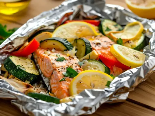 Lax i folie med citron, zucchini och paprika. En hälsosam och god måltid som tillagas enkelt i ugnen.