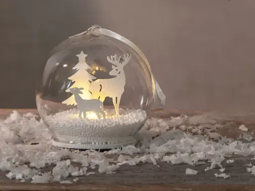 Jul inspiration: en glaskula med renar och gran, omgiven av snö.