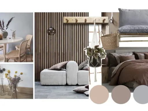 En moodboard visar inspiration för ett hem med trädetaljer, beiga toner och en mysig säng.