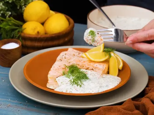 En gaffel med romsås till lax, serverad med citronklyftor och dill. En läcker och fräsch rätt.