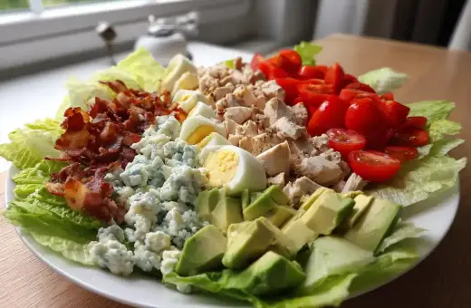 En härlig cobb salad med krispig sallad, kyckling, bacon, ägg, tomater, blåmögelost och avokado.