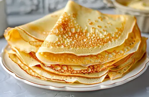 En hög med gyllene pannkakor, perfekta för ett enkelt pannkakor recept. De ser fluffiga och läckra ut, redo att serveras med sylt eller grädde.