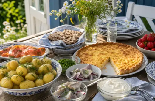 En härlig midsommar mat-buffé med gravad lax, färskpotatis, sill, paj, jordgubbar och knäckebröd.