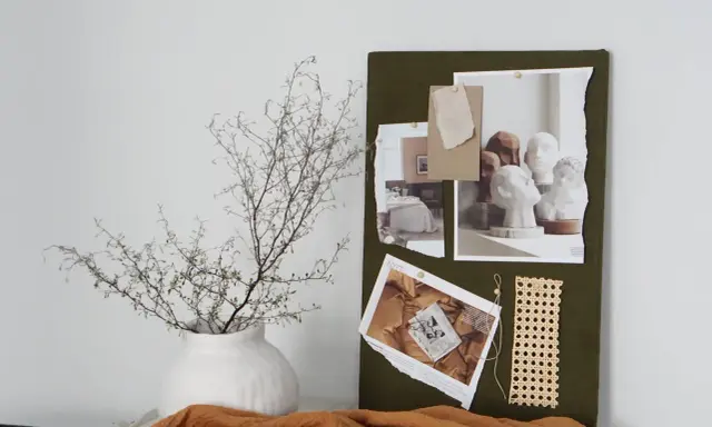 Moodboard inredning med inspiration från sovrum, byster och naturmaterial.