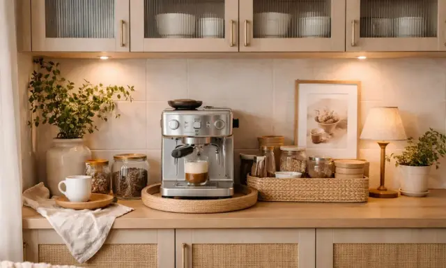 En mysig kaffestation hemma med espressomaskin, kaffebönor i burkar, en vit kopp och en grön växt.