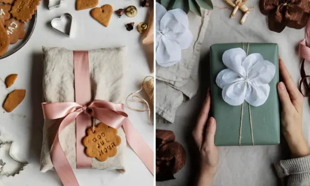 Två fina inslagningar: en med linneband och pepparkaksdekoration, en annan med grönt papper och pappersblomma.