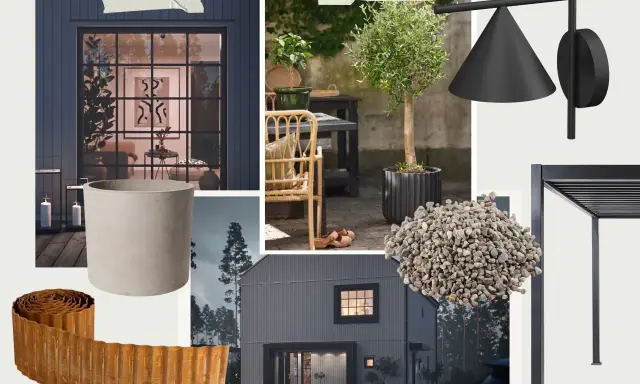 Inspiration för hur man gör en moodboard för utomhusmiljö: mörk fasad, olivträd, sten, pergola och modern belysning.