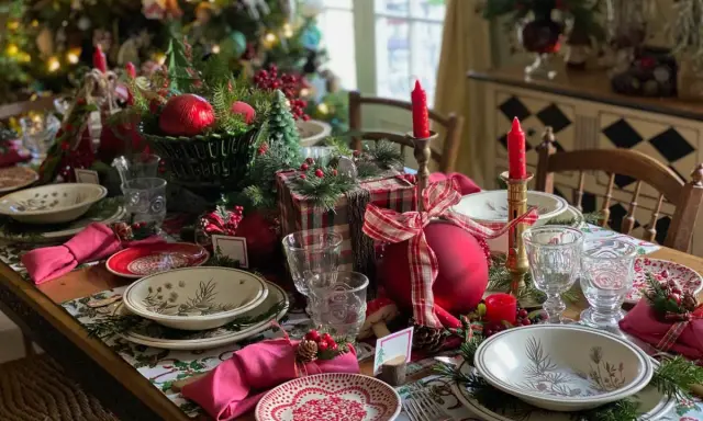 En vacker, modern juldukning med röda detaljer, granris och julklappar. En inbjudande dukning för en mysig jul.