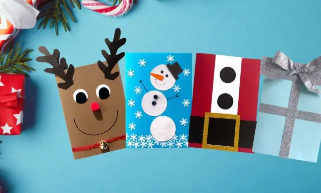 Fina tips på julpyssel: en ren, en snögubbe, tomten och en present. Perfekt för julkort!