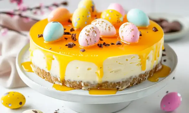 En vacker cheesecake påsk med gul glasyr och dekorerade påskägg.