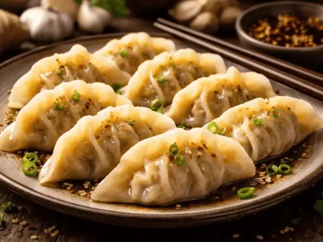 En tallrik med åtta gyllene dumplings, garnerade med grön lök och sesamfrön. Perfekt för ett hemlagat dumplings recept.