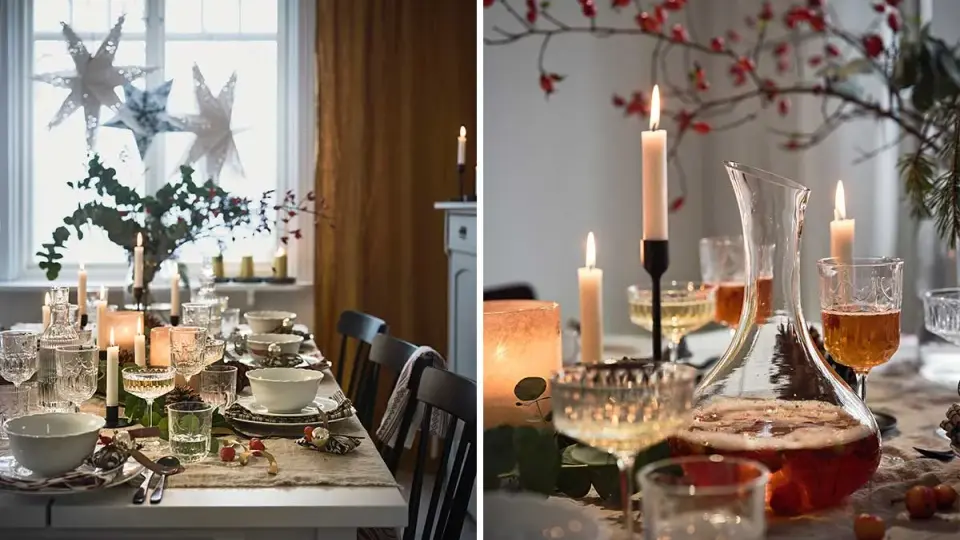 En fin juldukning med stjärnor i fönstret, levande ljus och en vacker karaff med dryck.