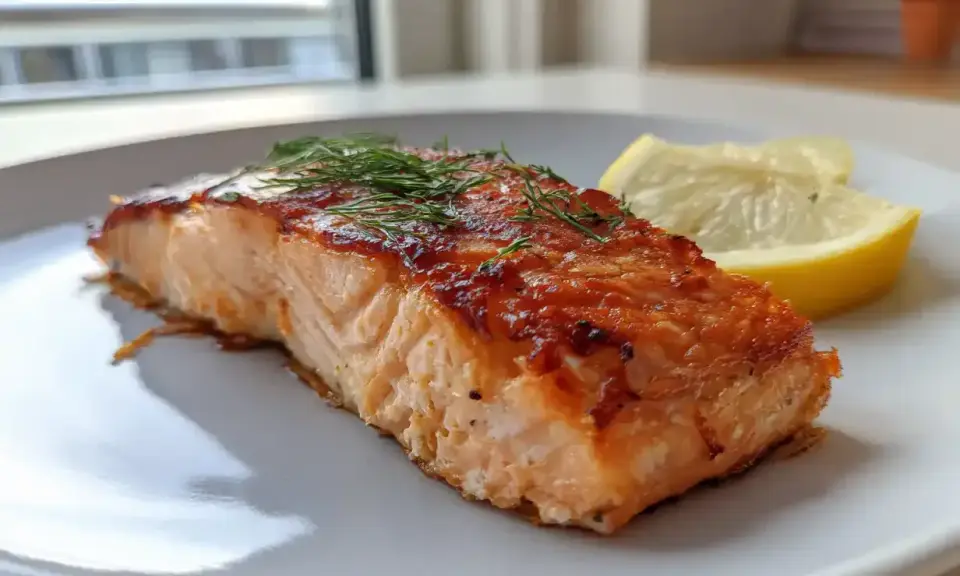 Saftig lax i airfryer, perfekt tillagad med krispig yta och toppad med färsk dill. Serveras med citronklyftor.