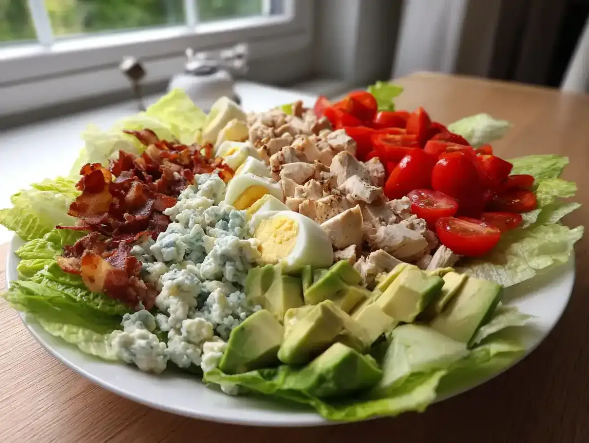 En härlig cobb salad med krispig sallad, kyckling, bacon, ägg, tomater, blåmögelost och avokado.