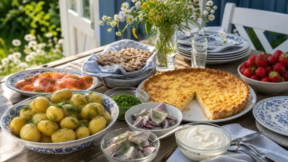 En härlig midsommar mat-buffé med gravad lax, färskpotatis, sill, paj, jordgubbar och knäckebröd.