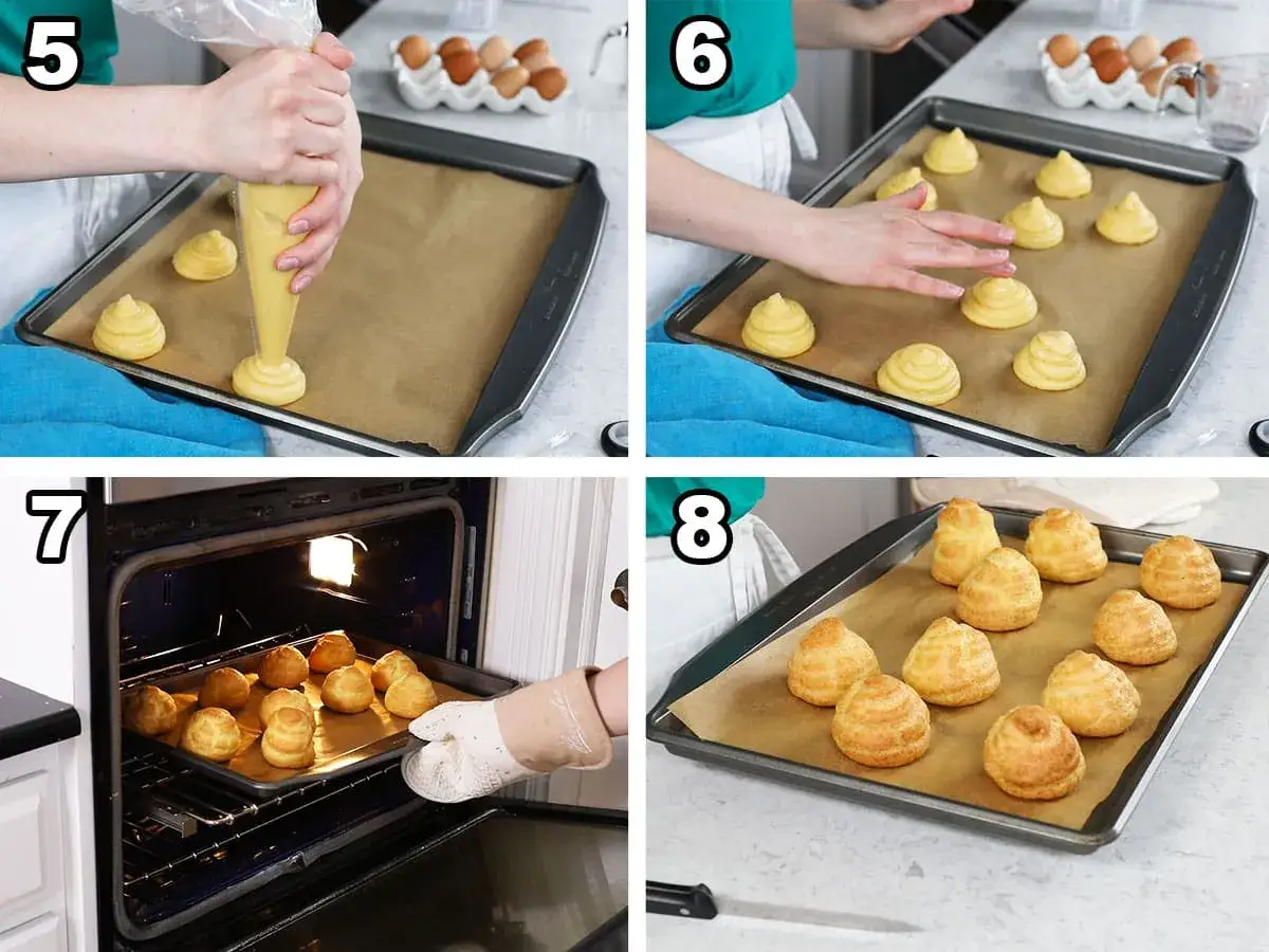 Spritsa ut smeten till petit choux på en plåt. De bakas sedan gyllene i ugnen och blir perfekta små bakverk.