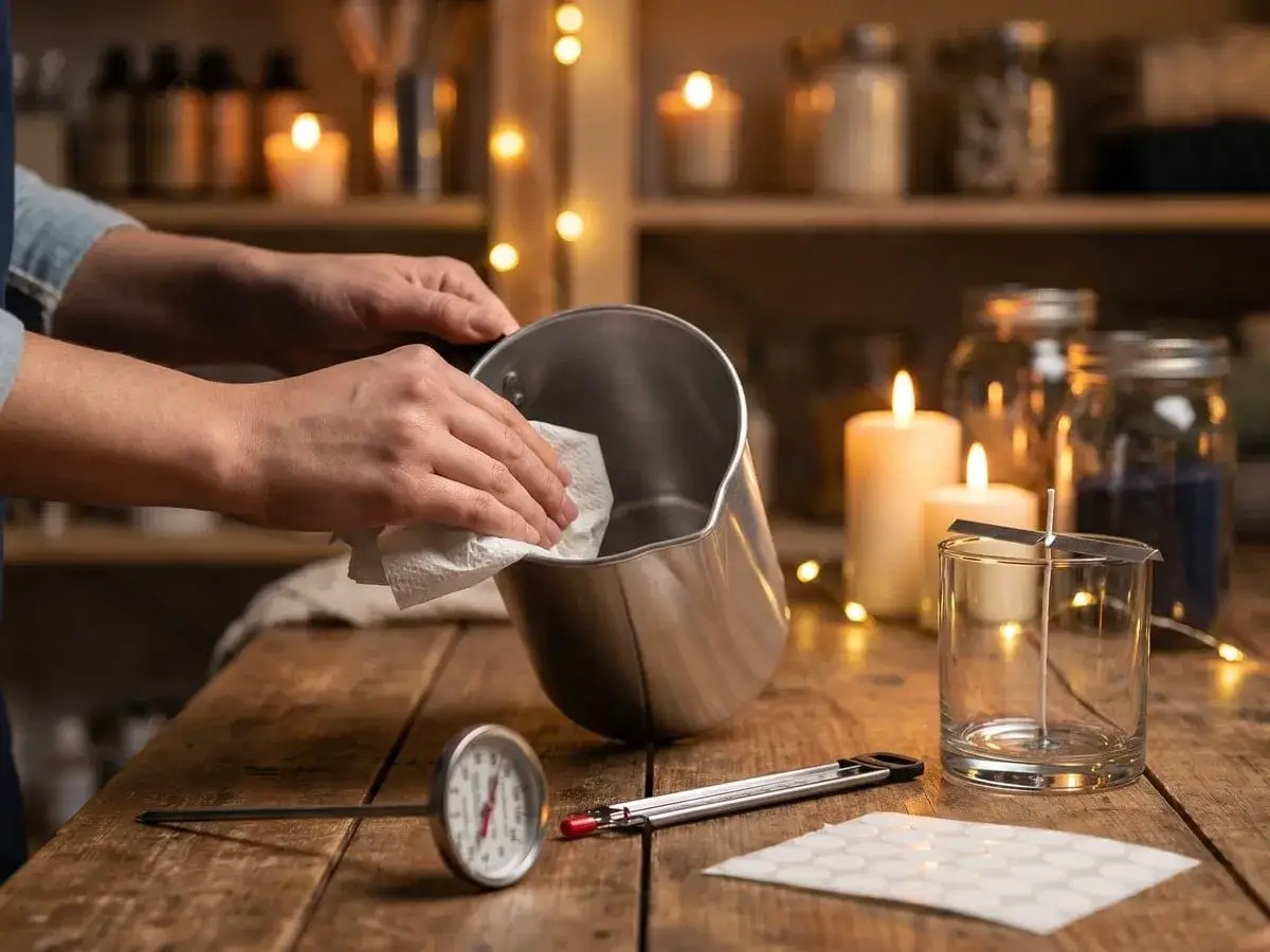 Händer torkar en metallbehållare med papper för att ta bort stearin. Ljus och ingredienser för ljustillverkning syns i bakgrunden.