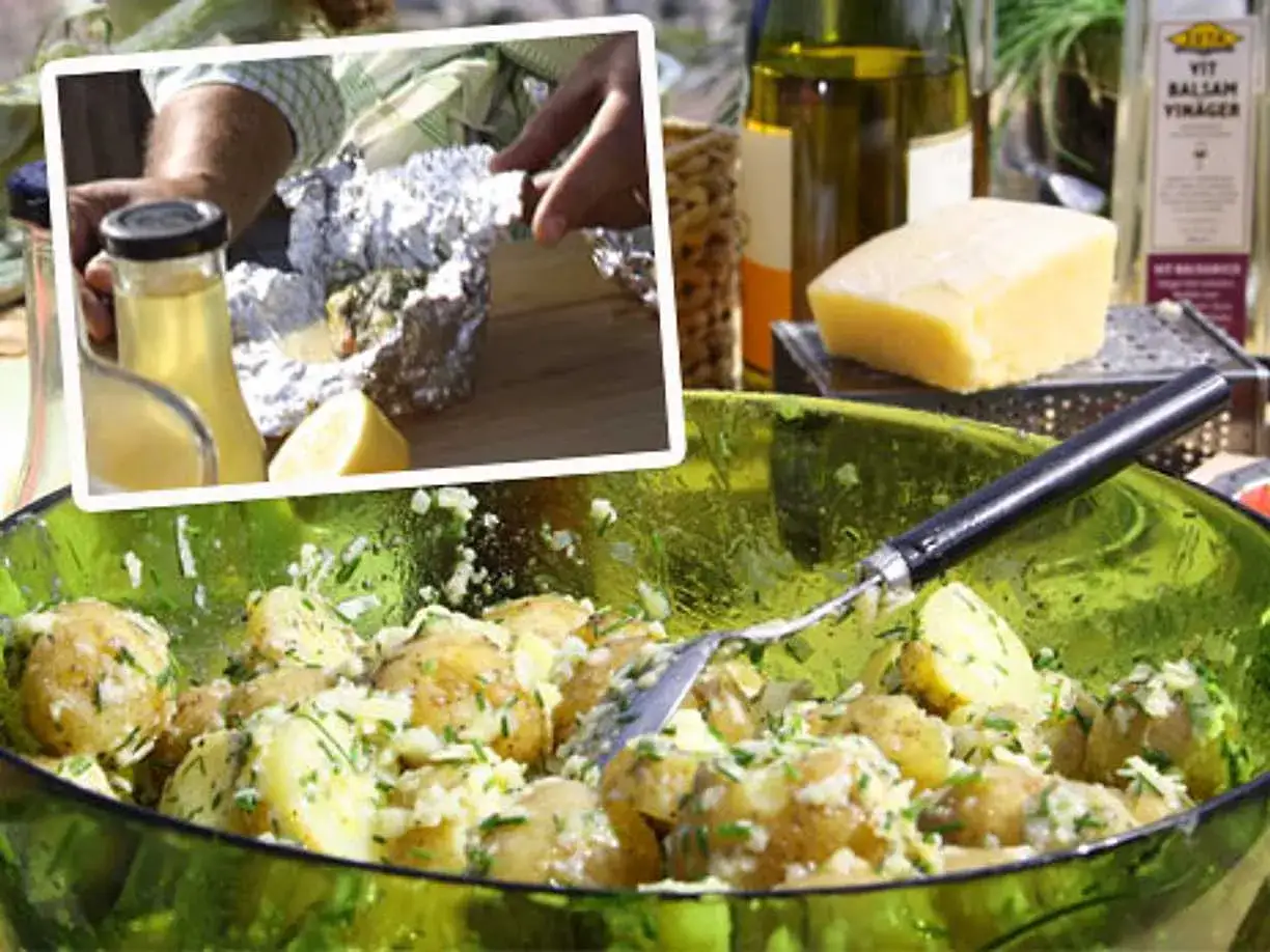 En härlig sommarmiddag med potatissallad, ost och vinäger. Ett perfekt sommarmiddag recept!