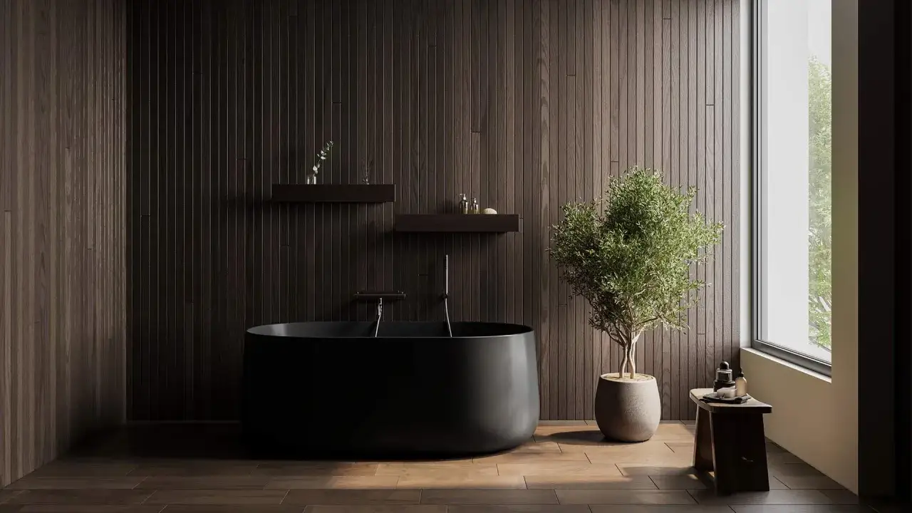Mörkt trä och en svart fristående badkar skapar en lyxig atmosfär. Bra badrum tips för en spa-känsla hemma.