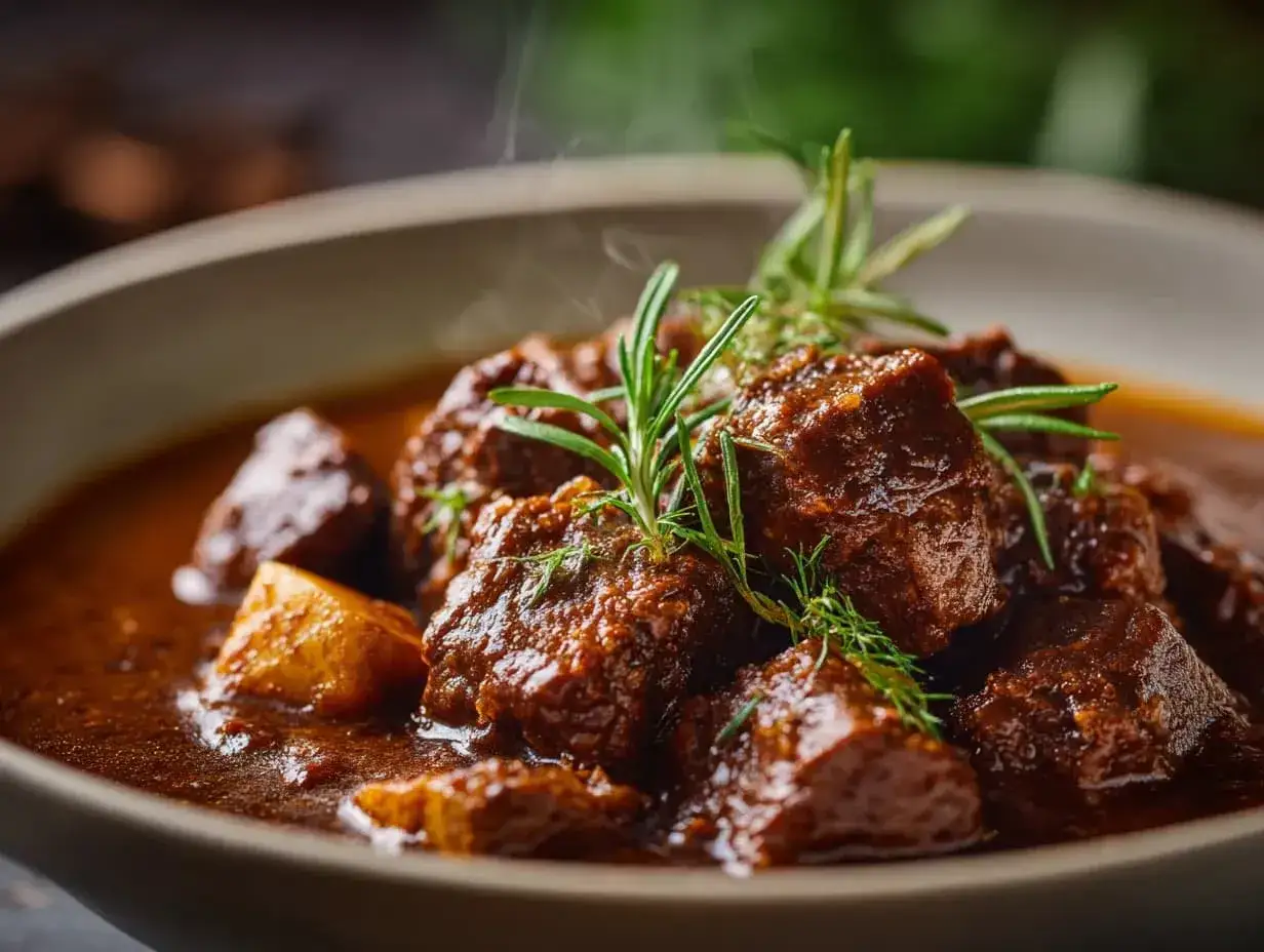 En skål med mustig pulled beef, ångande och garnerad med rosmarin. Perfekt för en mysig middag.
