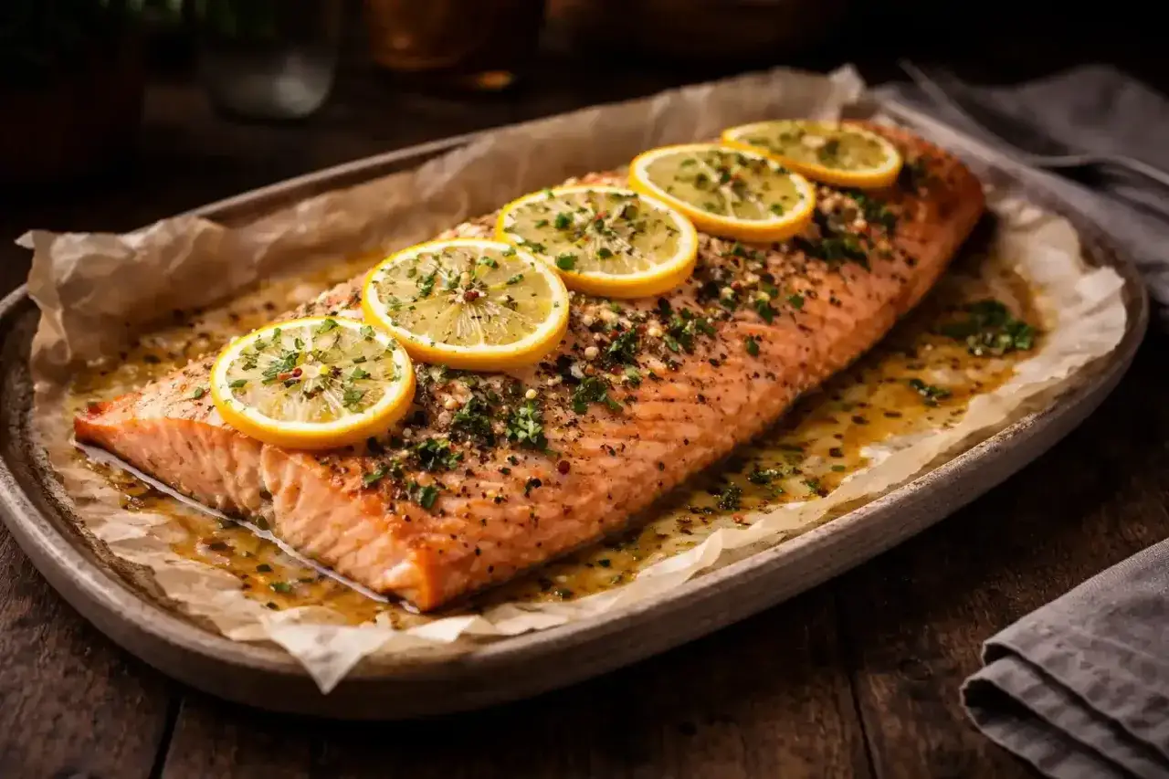 Ugnsbakad lax med citron och örter, perfekt tillagad.
