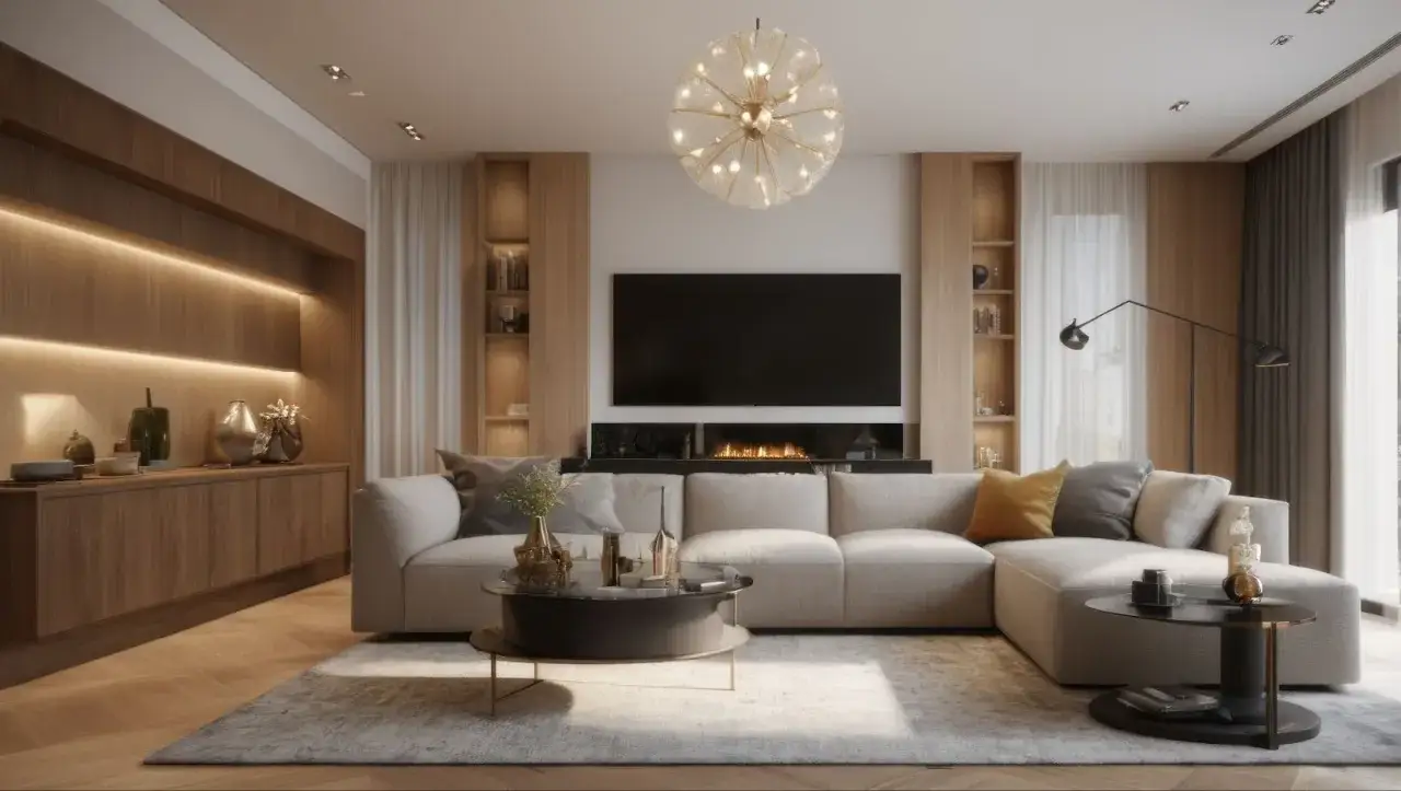 Modernt vardagsrum med bekväm soffa, eldstad och inbyggd förvaring. Perfekt för dig som vill designa ditt rum med stil och funktion.