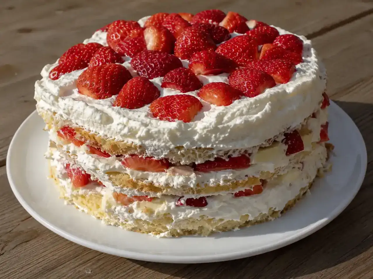 En härlig jordgubbstårta med fluffig grädde och saftiga jordgubbar. Ett perfekt tårta recept för sommaren!