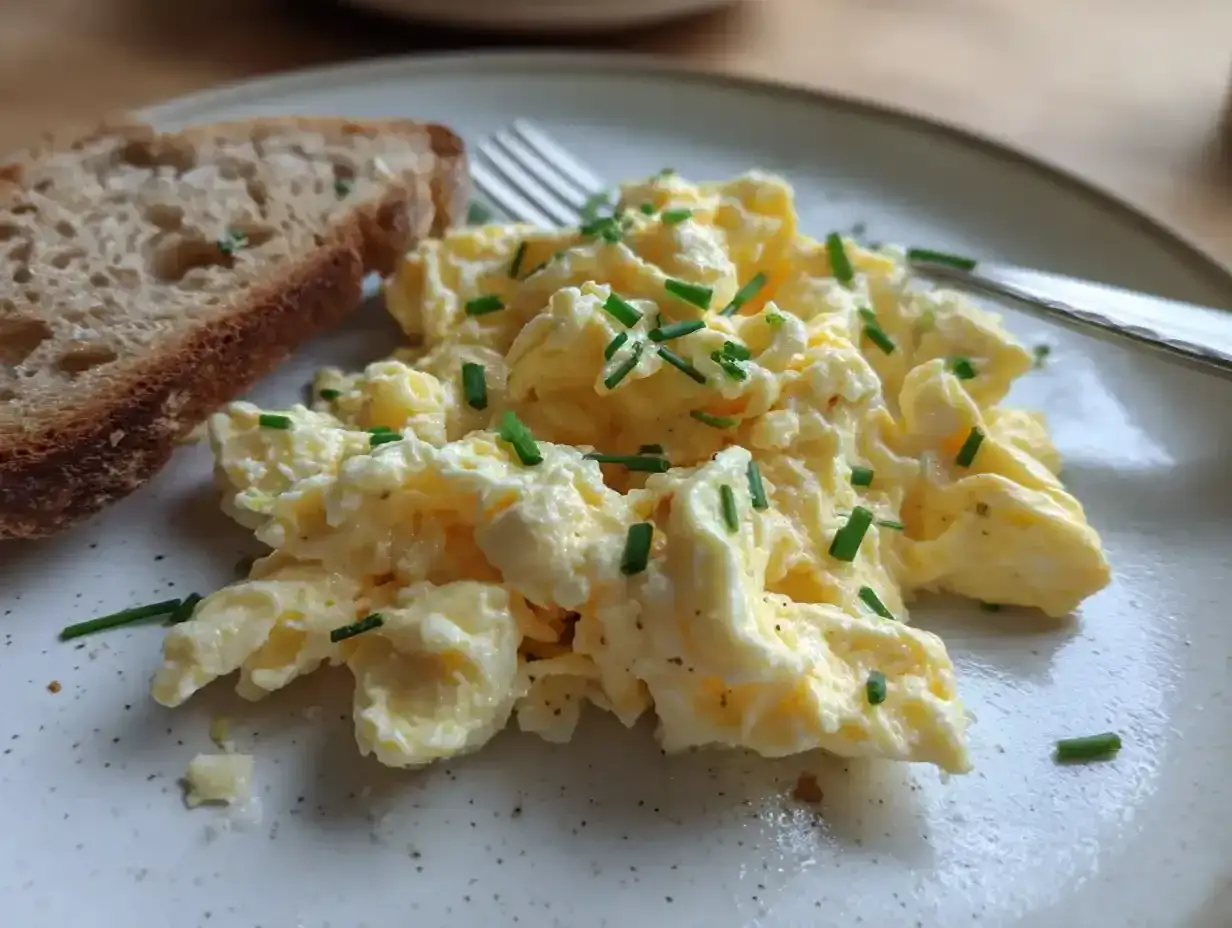 Krämiga äggröror med gräslök och en bit rostat bröd. En perfekt start på dagen!