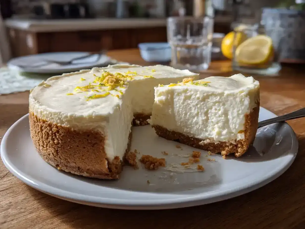 En krämig fryst cheesecake med citronskal på toppen, redo att avnjutas.