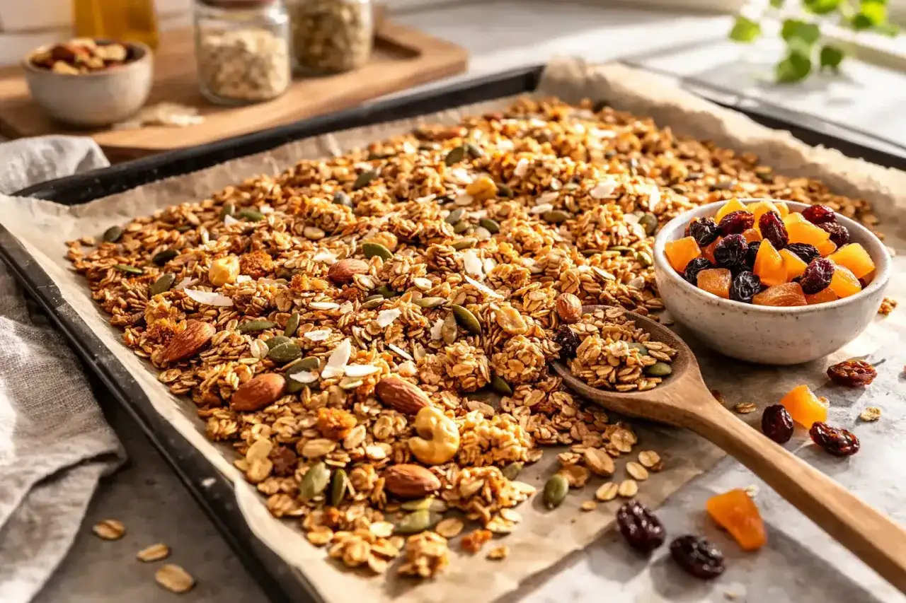 En stor plåt med hemgjord egen granola, full av nötter, frön och torkad frukt. En skål med russin och aprikoser står bredvid.