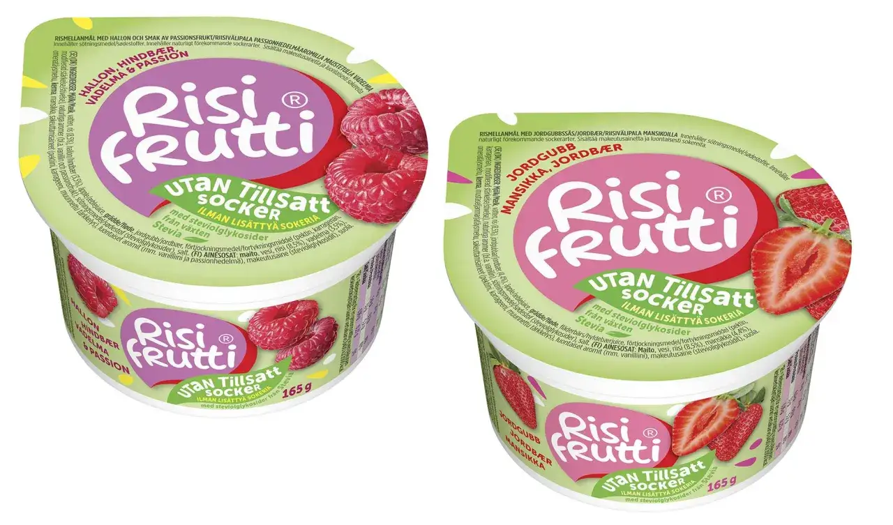 Två Risi Frutti-burkar med hallon och jordgubbar. Perfekt för ett snabbt risifrutti recept utan tillsatt socker, sötad med stevia.