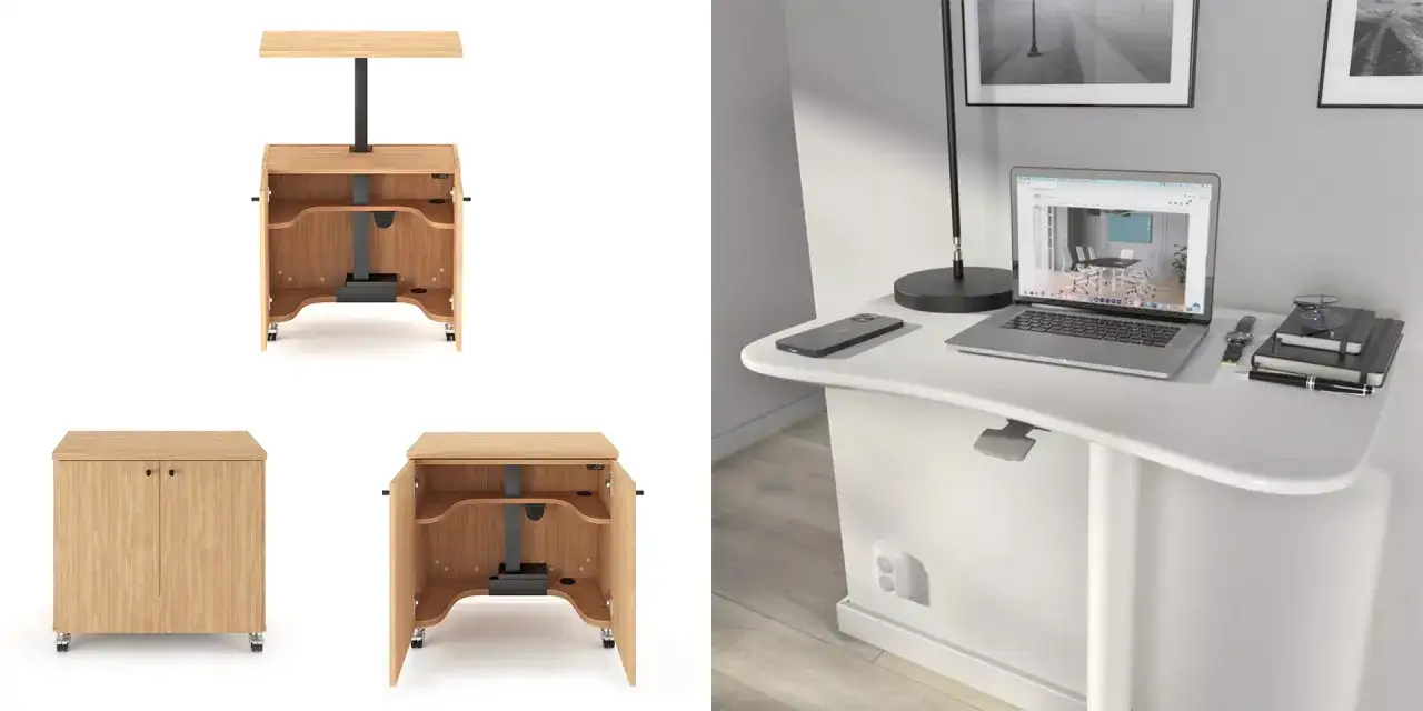 Flexibelt hemmakontor med höj- och sänkbart skrivbord i vitt och en praktisk rullbar förvaringsenhet i trä.
