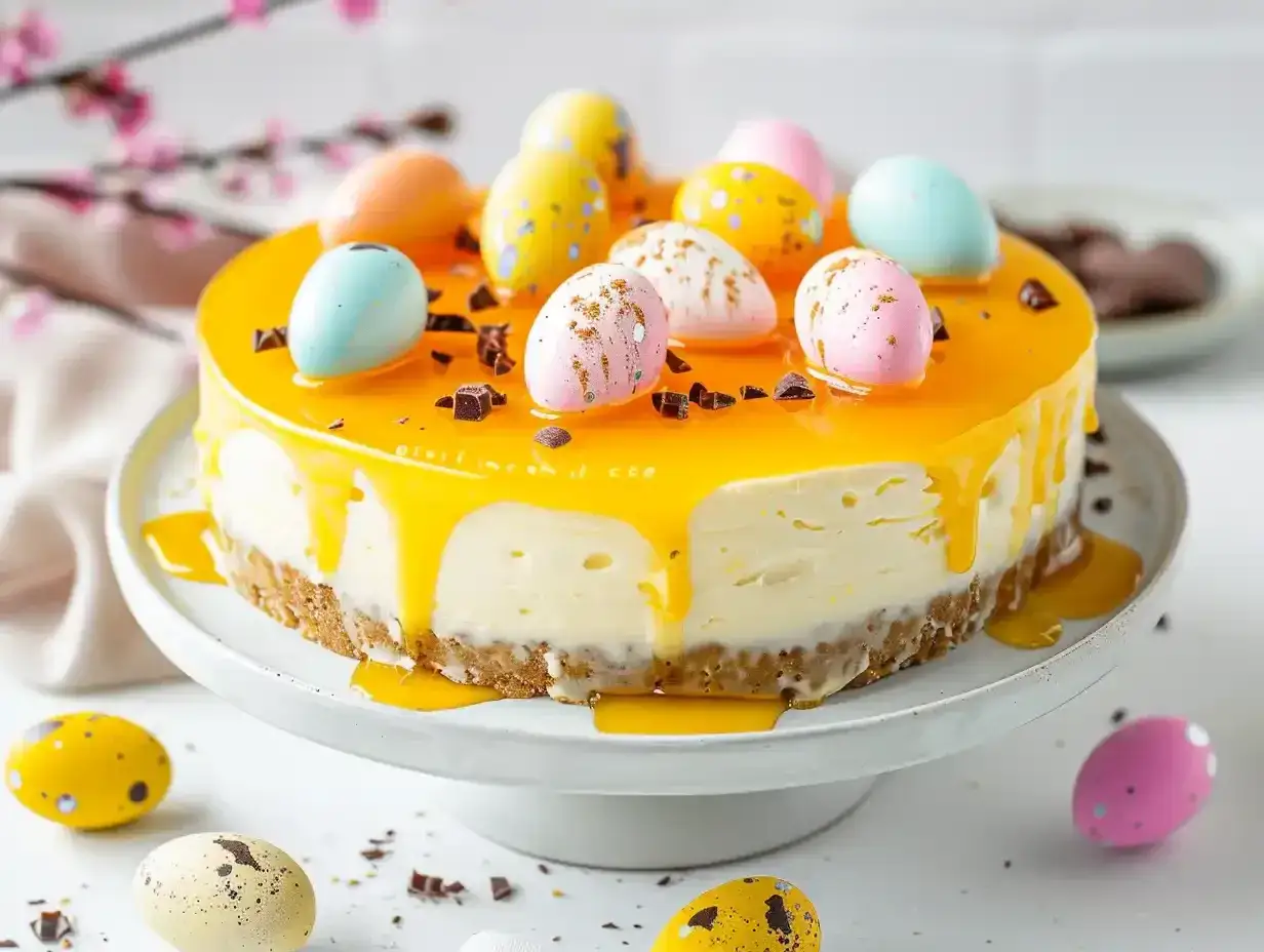En vacker cheesecake påsk med gul glasyr och dekorerade påskägg.