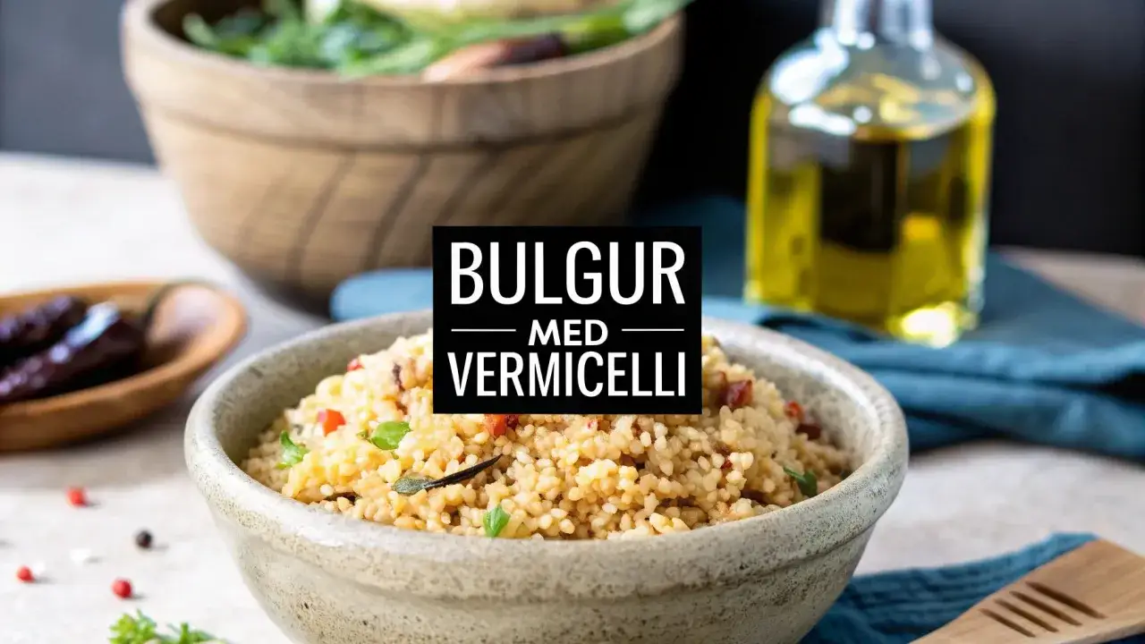 En skål med bulgur med vermicelli, redo att koka. Bredvid syns en flaska olivolja och torkade chilifrukter.