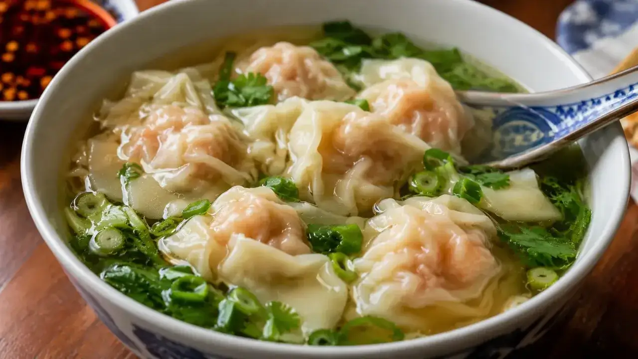 En skål med ångande wontonsoppa, perfekt för ett dumplings recept. Garnerad med salladslök och koriander.