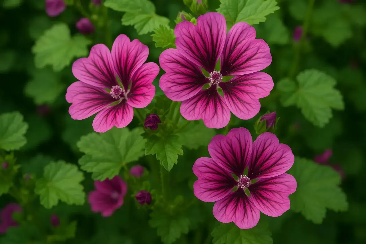 Tre vackra, mörkt rosa malva blommor med mörka ådror blommar bland gröna blad.