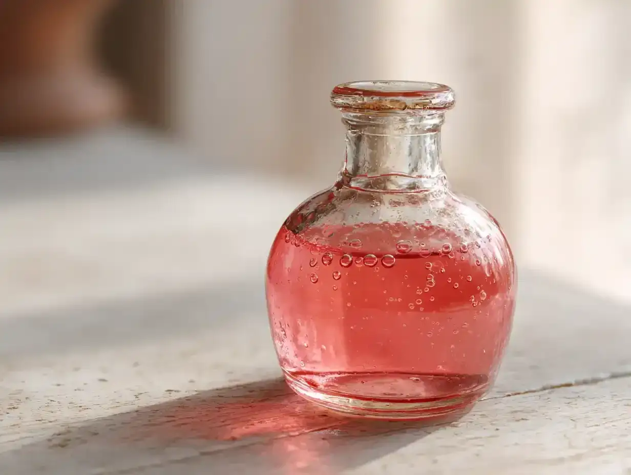 En liten glasflaska med bubblig, rosa rabarbersirap står på ett vitt träbord i solljus.