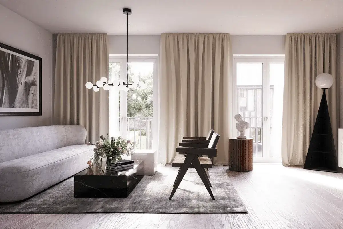 En elegant vardagsrumsmiljö med en mjuk soffa, marmorbord och konst. Detta är en visuell representation av vad som kan utgöra en moodboard för modern inredning.